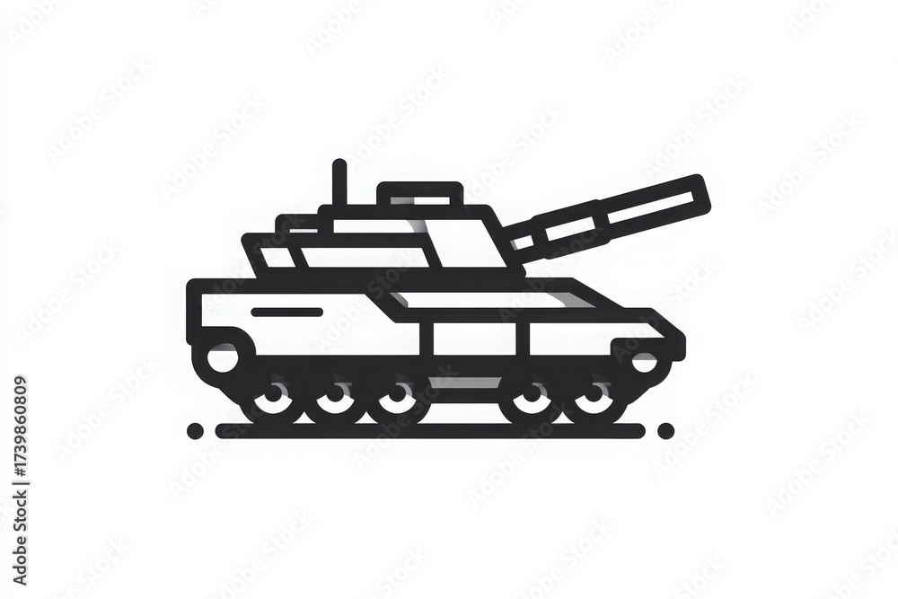 A military tank is depicted in a minimalist style, showcasing its body, turret, and tracks. The design emphasizes clean lines and geometric shapes, reflecting modern graphics.