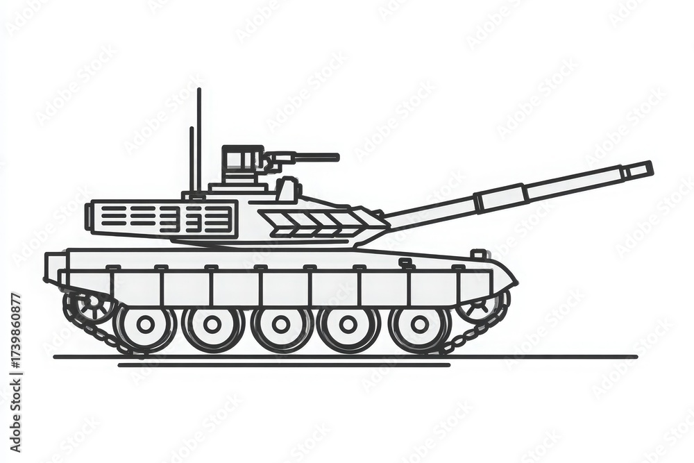 A military tank is shown in side view, highlighting its robust design, wheels, and turret. The tank is depicted in a simple style, suitable for educational or illustrative purposes.