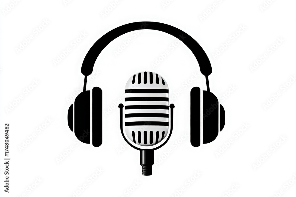 A minimalist design features a microphone with black stripes surrounded by large black headphones. This image represents audio content creation, suitable for podcasts or music production.
