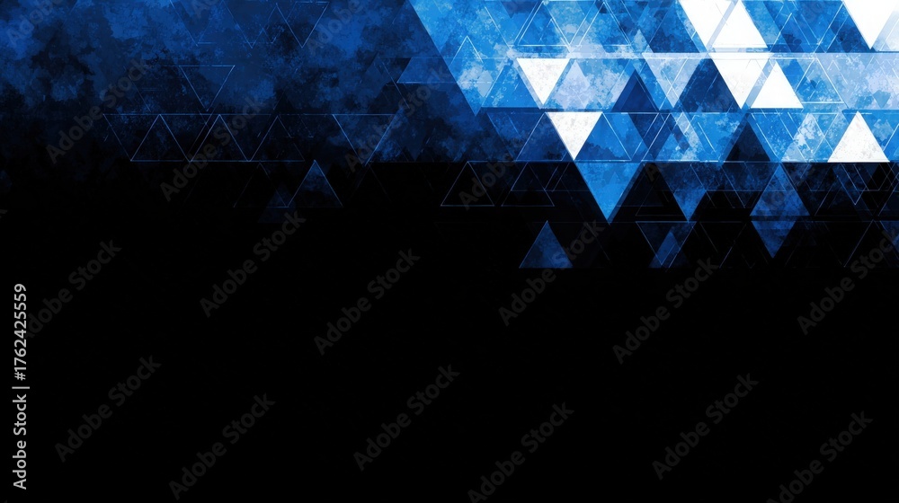 A mix of blue and white triangles forms an abstract design, creating a striking visual effect. The dark background enhances the colorful triangles, adding depth and contrast to the artwork.