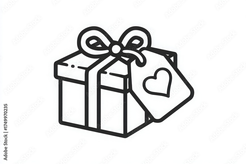 A neatly wrapped gift box sits with a decorative bow on top. A tag with a heart design hangs from the ribbon, making it ideal for special moments and events celebrating love and friendship.