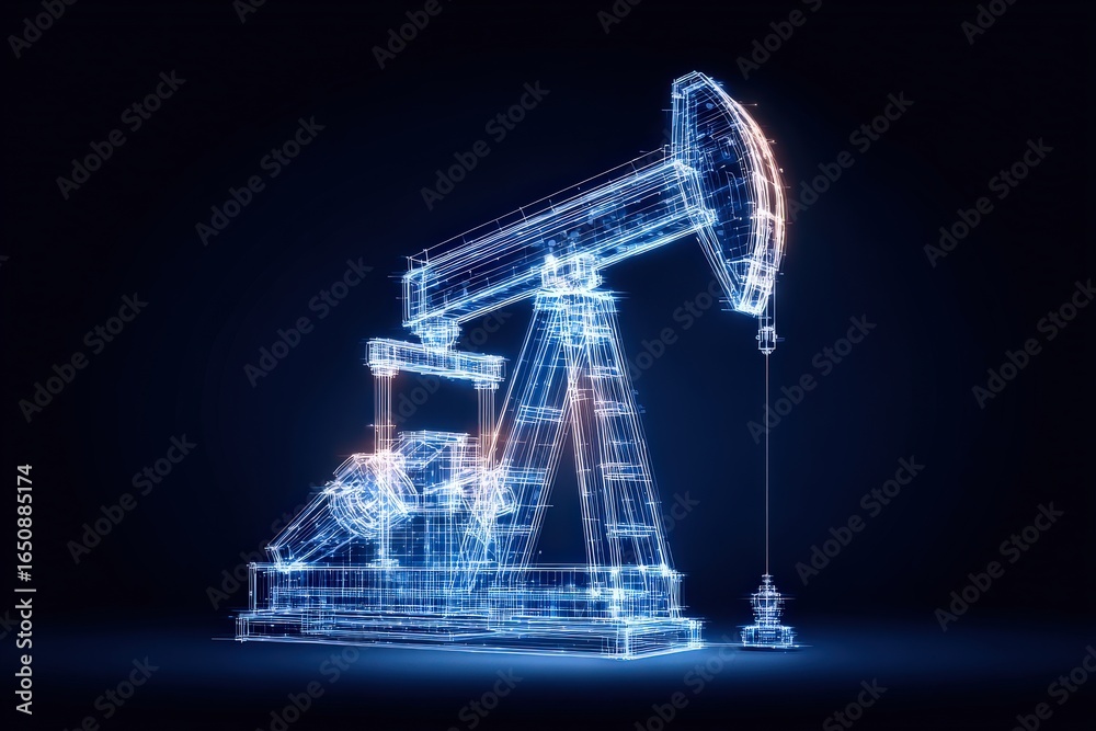 A neon blue and orange geometric representation of an oil pump stands against a dark background. This illustration emphasizes the fusion of technology and energy production in modern industry.