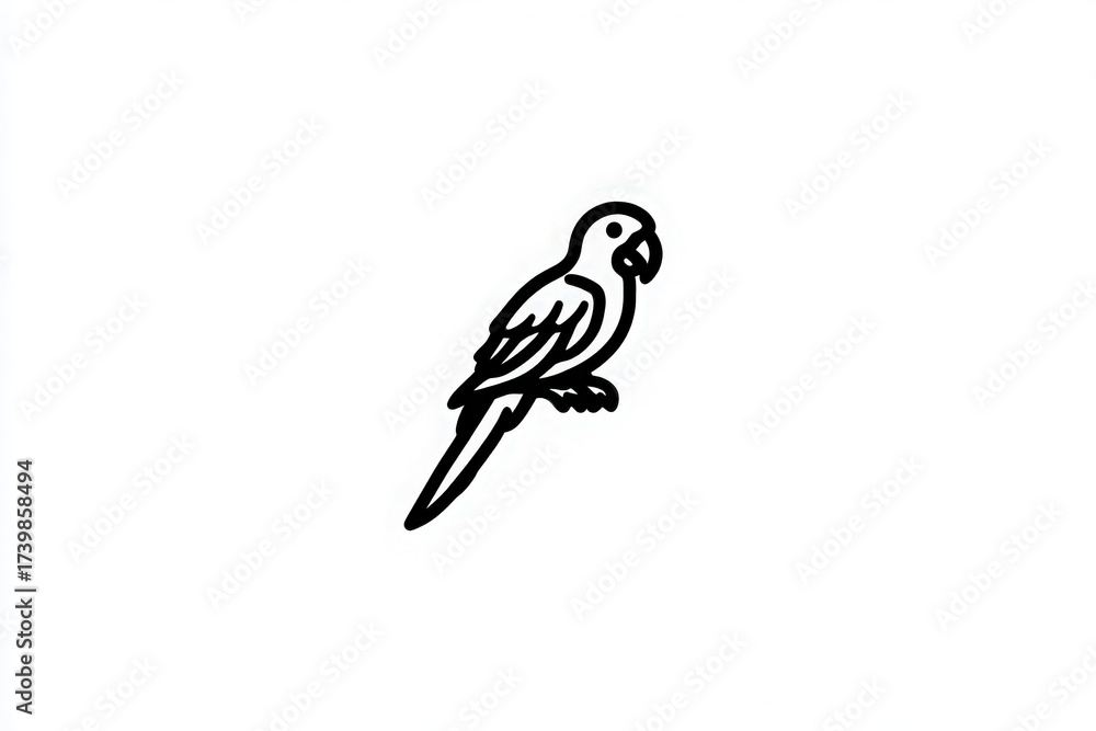 A parrot stands perched, depicted in minimalist black line art against a white background. The design captures the birds curious expression and sleek form.