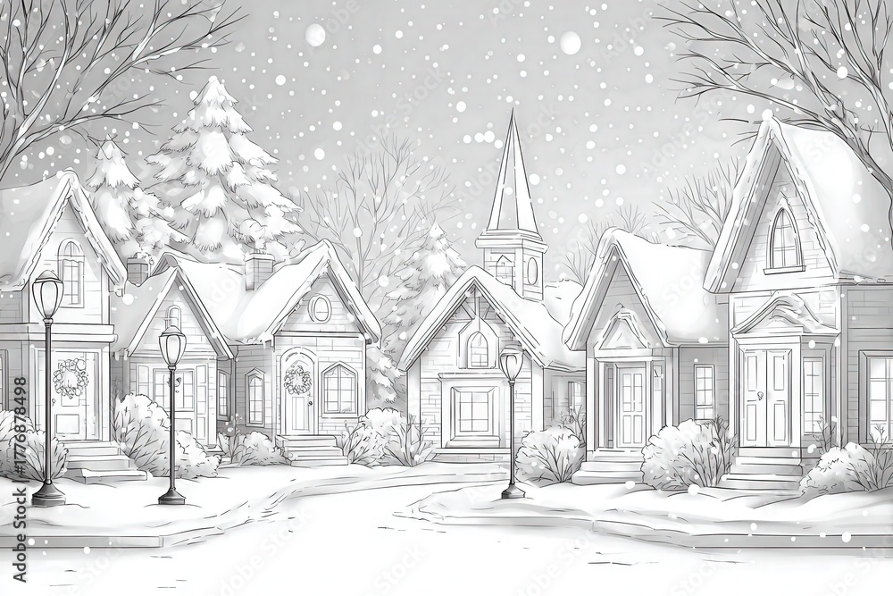A peaceful winter scene shows several charming houses surrounded by trees and snow. Snowflakes gently fall as the street is lined with lamp posts, creating a warm, cozy atmosphere.