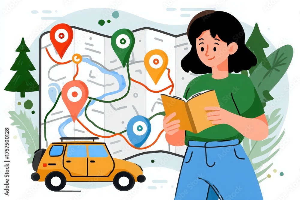 A person stands by a yellow car, reading a map while looking at various routes marked with colorful pins. Trees and mountains surround the scene, indicating an outdoor adventure.