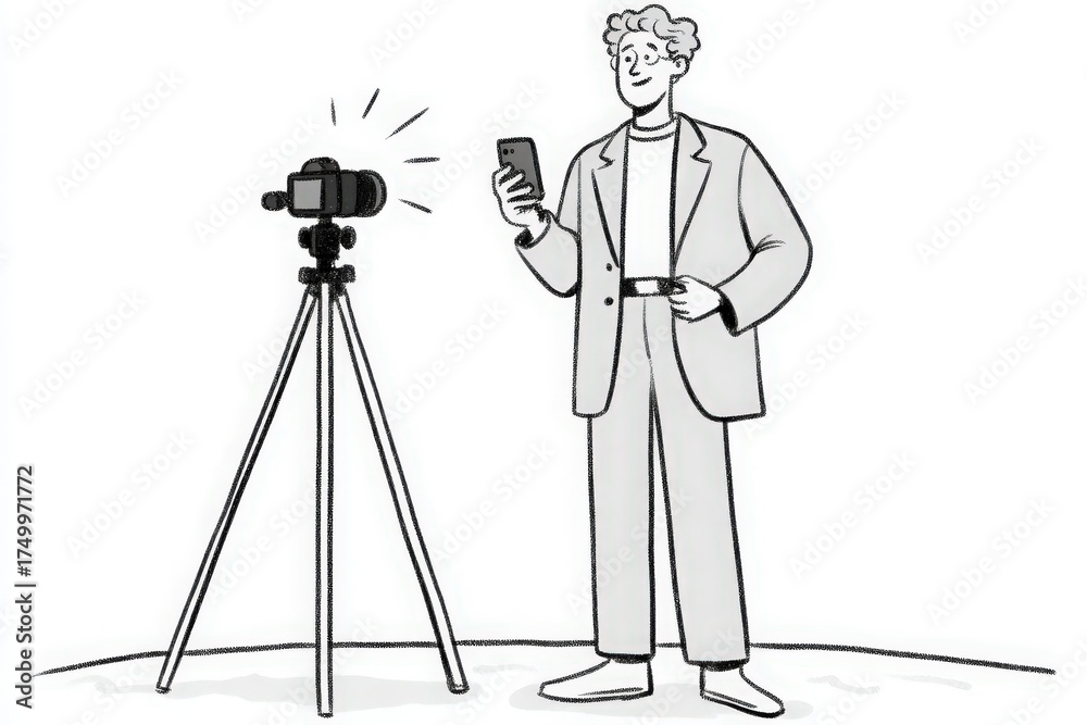 A person stands next to a camera mounted on a tripod while checking their smartphone outdoors. The sun is shining, making for a bright and cheerful atmosphere.