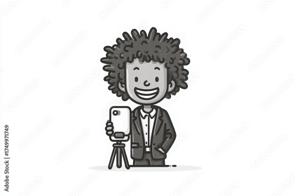 A person with curly hair smiles happily while holding a smartphone in one hand. They are wearing a suit and are positioned next to a tripod, suggesting they are ready to take pictures.