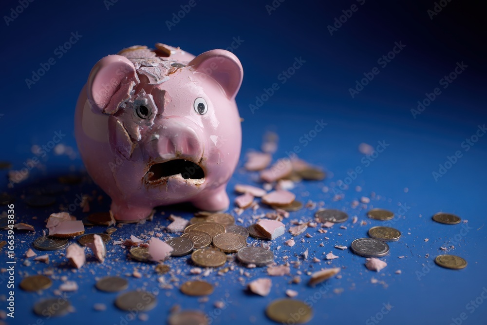 A pink piggy bank sits broken on the surface, with coins spread around. The damage reveals a hollow interior, indicating it has been used for saving money.