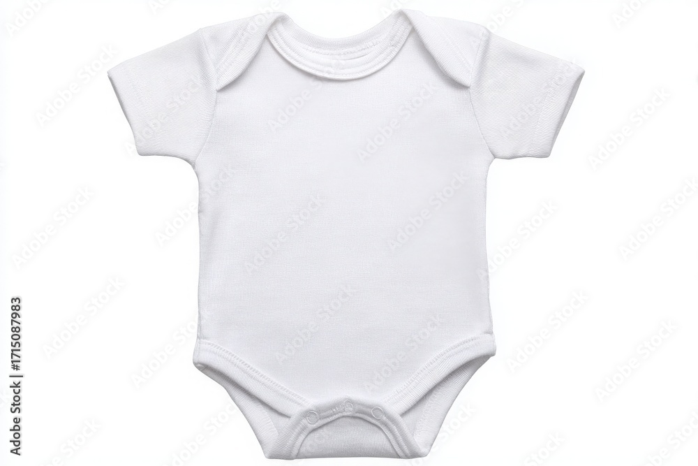 A plain white baby onesie is displayed, featuring short sleeves and a snap closure at the bottom. This versatile garment is perfect for casual outings and comfortable playtime.