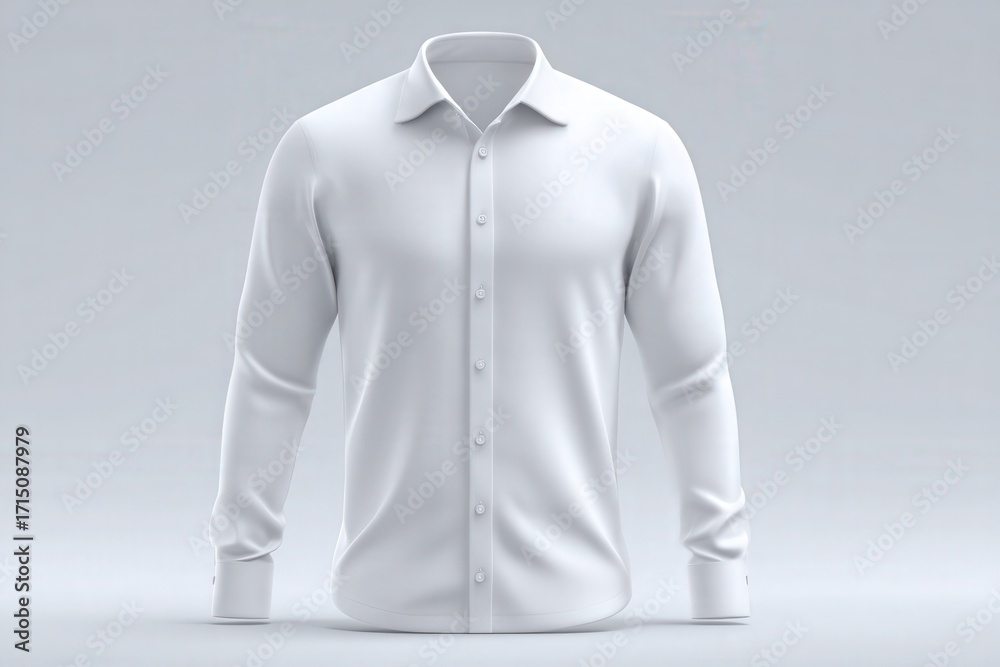 A plain white long-sleeve button-up shirt is shown against a neutral gray backdrop. The shirt features a modern fit, with crisp lines and buttons down the front, highlighting its tailored design.