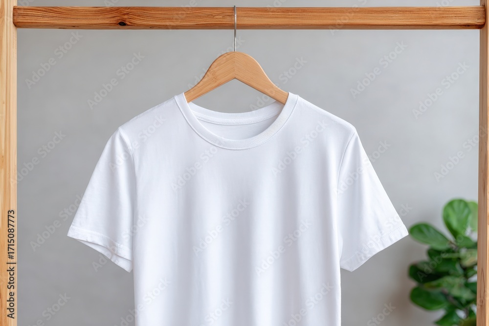 A plain white t-shirt is displayed hanging from a wooden hanger. The backdrop is neutral, and a green plant is partially visible, adding a touch of nature to the setting.