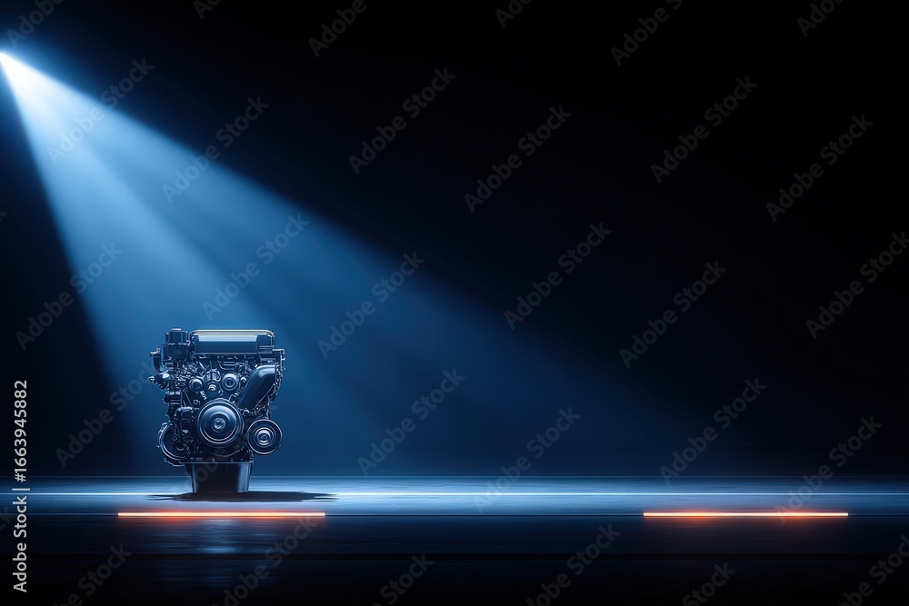 A powerful automotive engine stands prominently illuminated on a dark stage, surrounded by dramatic lighting that creates striking shadows and reflections, emphasizing its design and engineering.