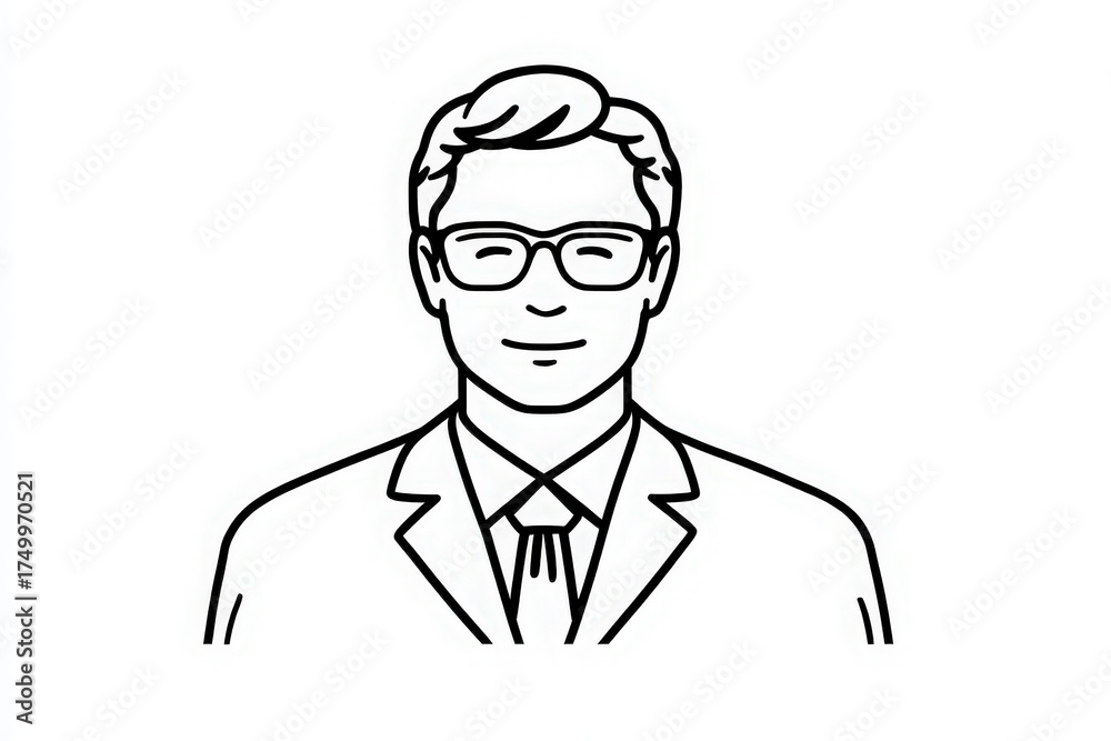 A professional man is smiling while wearing a suit and glasses. The image showcases a clean outline style with no color, focusing on his confident expression.