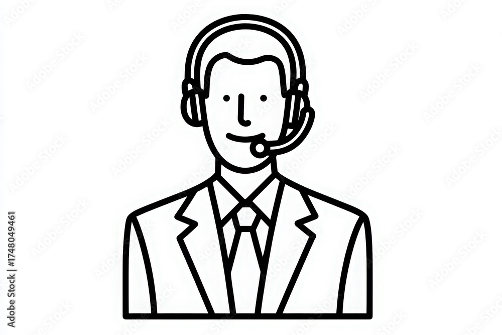 A professional man wearing a suit and a headset stands ready to assist with customer service. He has a friendly expression and is engaged in a supportive role, aiming to help clients effectively.