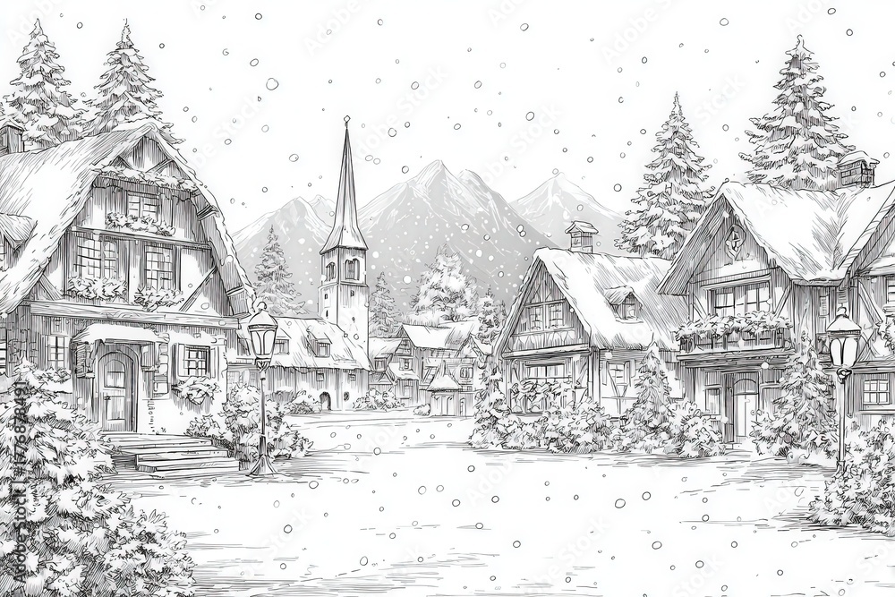 A quaint winter village displays snow-covered houses with a church steeple. Pine trees line the street as snow gently falls, creating a peaceful and serene atmosphere in the mountains.