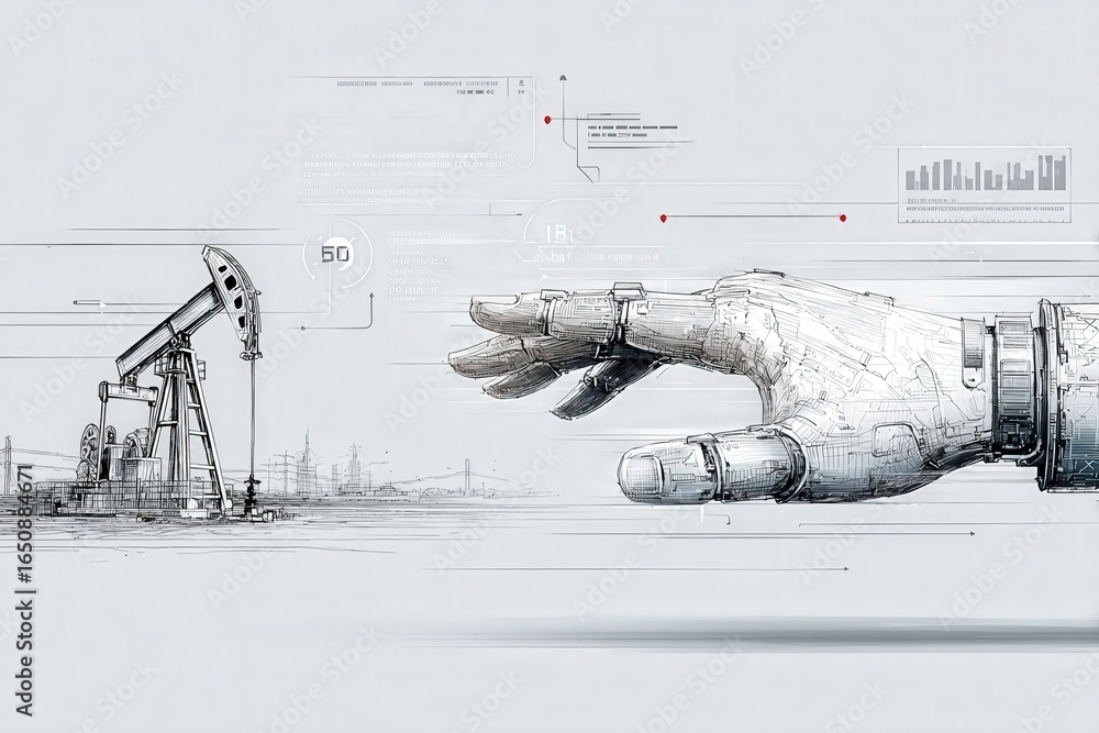 A robotic hand reaches towards an oil rig amid digital elements representing technological advancement. The setting exemplifies the integration of robotics in energy exploration.