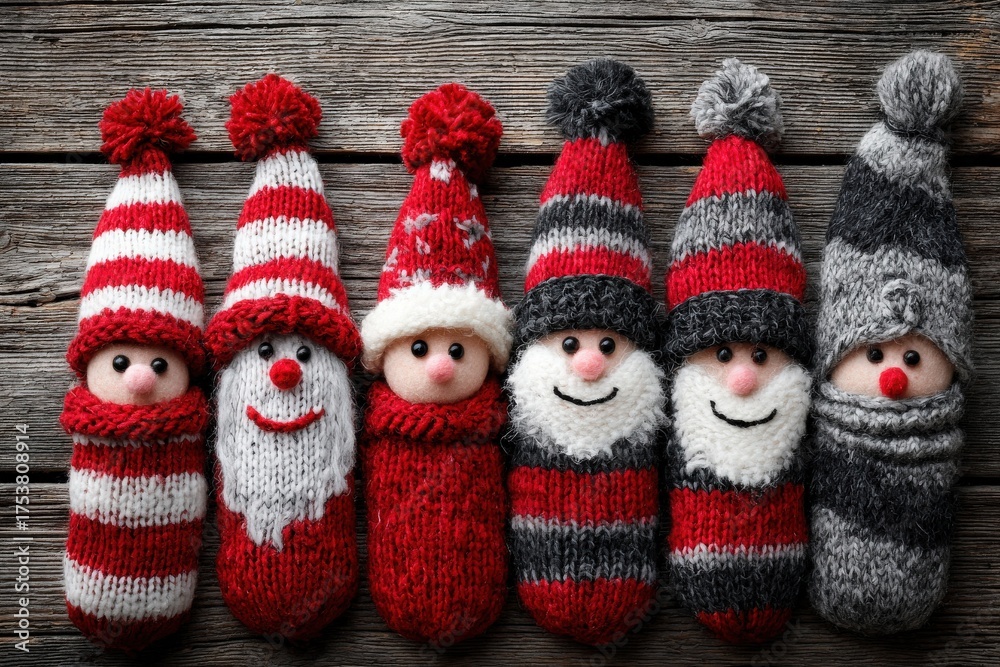 A row of charming handmade dolls dressed in colorful winter hats and scarves sits on a rustic wooden surface.
