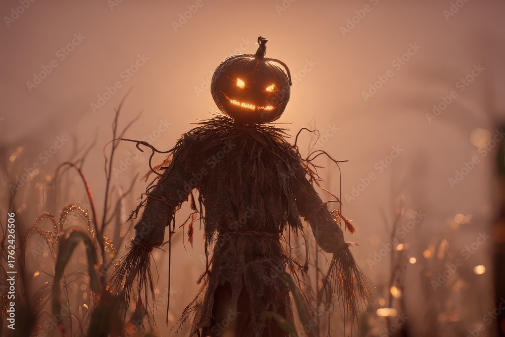 A scarecrow, featuring a jack-o-lantern head, stands tall in a cornfield shrouded in mist. The glowing eyes and smile create an eerie atmosphere as the sun sets behind it.