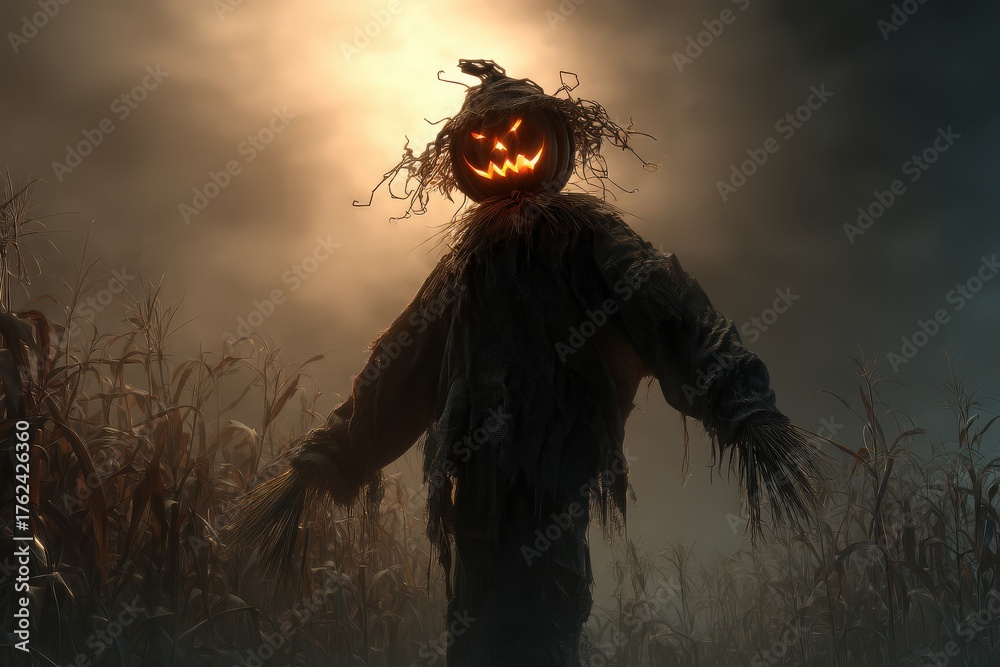 A scarecrow stands in a dark cornfield, illuminated by a spooky glow from its pumpkin head. Wisps of fog surround it, creating a haunting atmosphere during the nighttime.