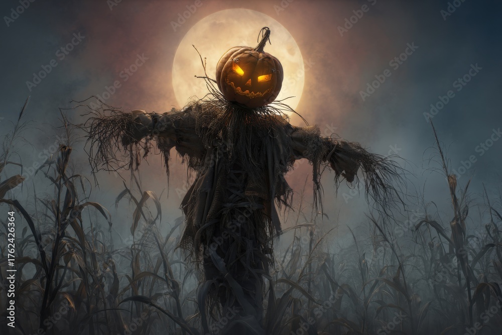 A scarecrow stands tall in a dark cornfield, its head resembling a glowing pumpkin. The full moon casts an eerie light, heightening the Halloween atmosphere of the scene.