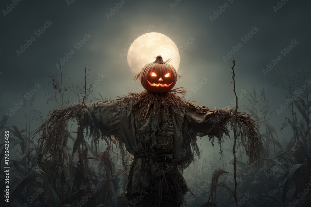 A scarecrow with a carved pumpkin head glows eerily in a cornfield at night, illuminated by a bright full moon. The atmosphere is haunting and mysterious.