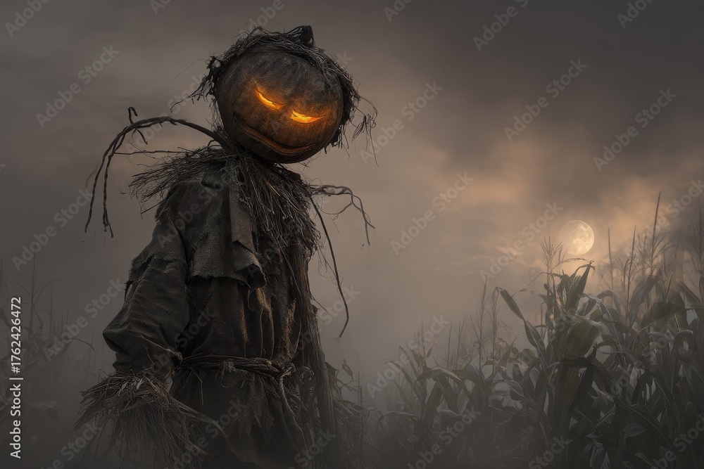 A scarecrow with a pumpkin head and glowing eyes looms in a dark cornfield. The atmosphere is eerie, filled with mist, as the full moon casts a haunting light over the scene.