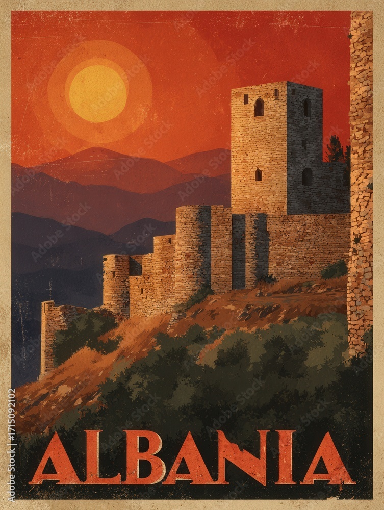 A scenic view of an ancient castle on a hillside in Albania, accompanied by a vibrant sunset. The mountains provide a stunning backdrop, enhancing the historical atmosphere.