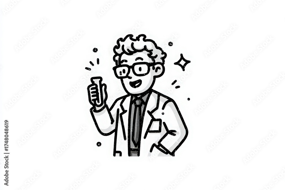 A scientist is smiling and holding a test tube in one hand. The character is wearing a lab coat and glasses, surrounded by sparkles, indicating excitement and discovery.