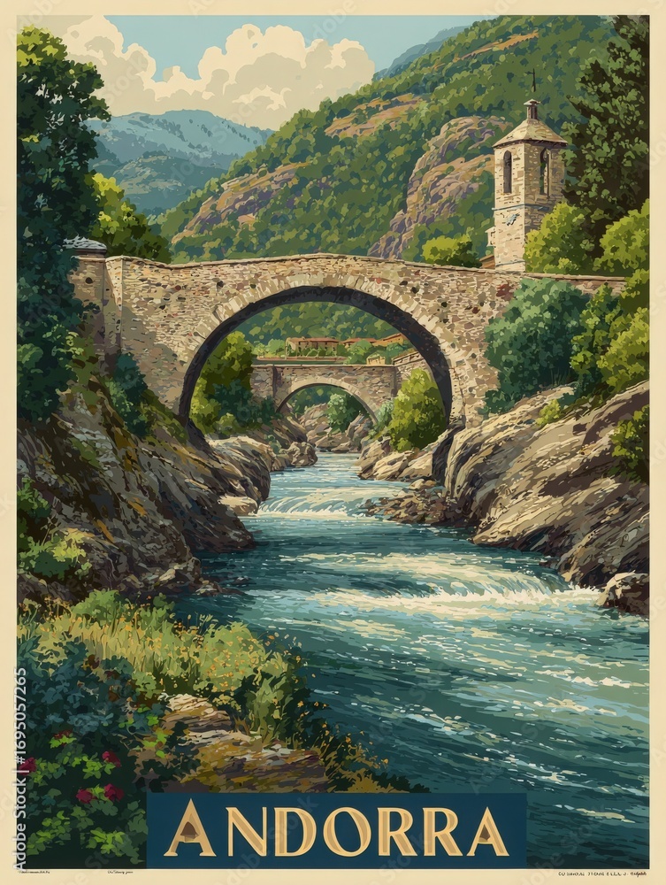 A serene river flows beneath a vintage stone bridge in Andorra. Lush greenery and mountains surround the picturesque scene, showcasing the beauty of this hidden gem during the day.