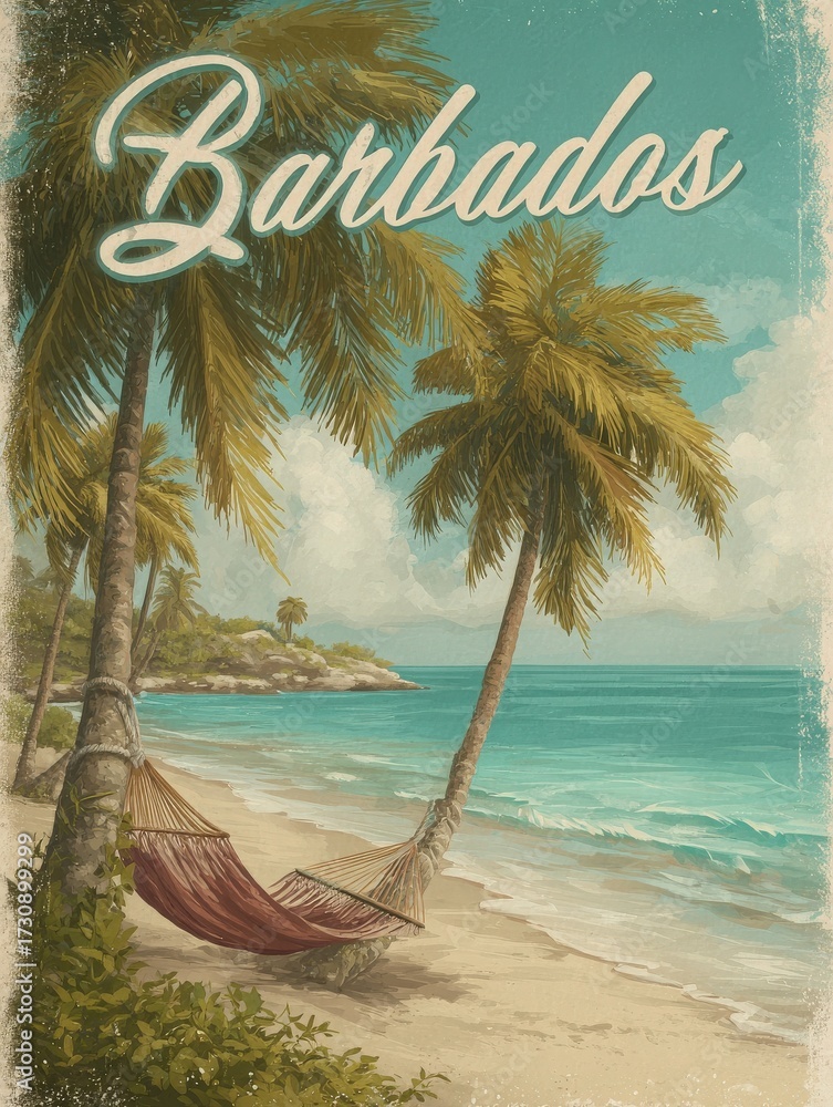 A serene tropical beach scene in Barbados features tall palm trees, a hammock gently hanging between them, and calm turquoise waters lapping at the shore under a blue sky.