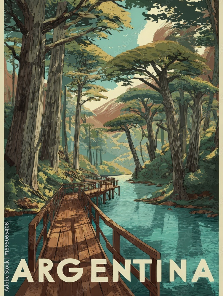 A serene view of a wooden walkway winding through a vibrant green forest in Argentina, leading to clear blue waters surrounded by towering trees.