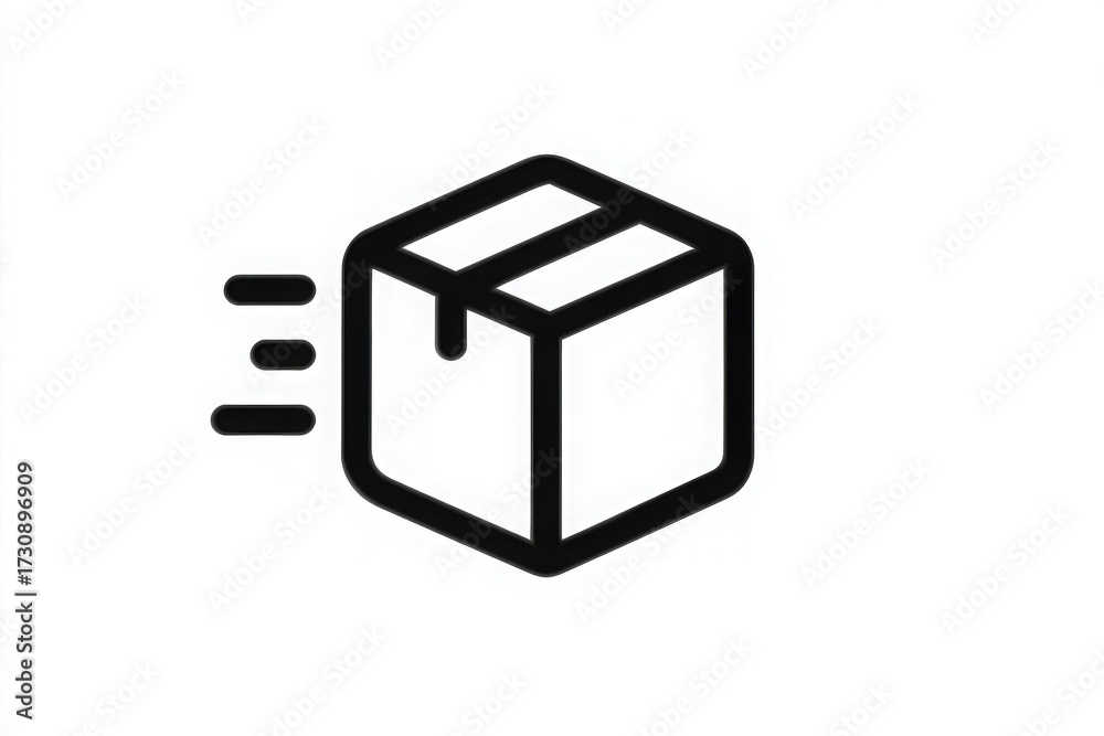 A simple graphic shows a closed box with two stripes on top and lines indicating speed, symbolizing quick delivery service. The design emphasizes fast shipping for packages.