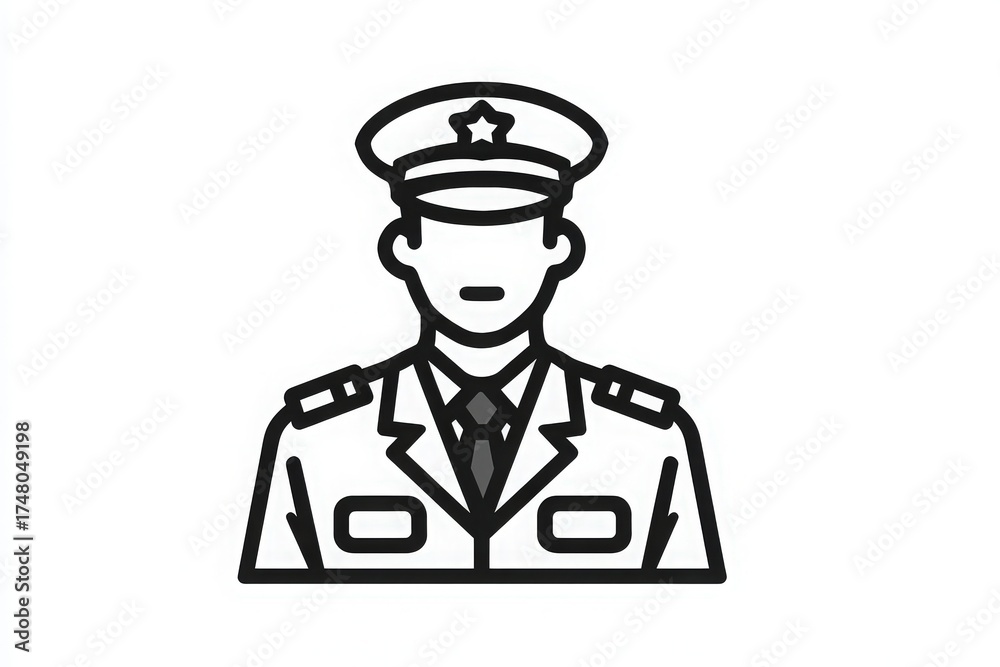 A simple graphic shows a male police officer wearing a uniform with a cap and badges. The design highlights the officers attire and symbolizes law enforcement and authority.