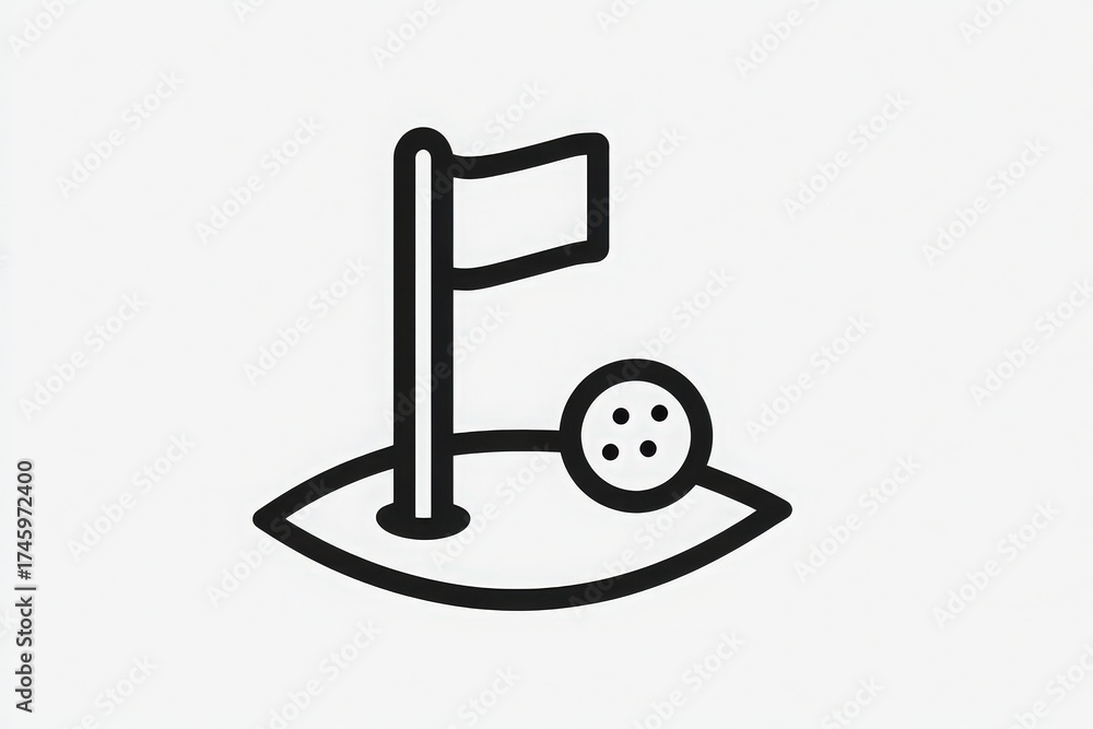 A simple illustration features a golf hole with a flag and a ball resting nearby. The scene is designed with clean lines and a minimalistic style against a plain background.