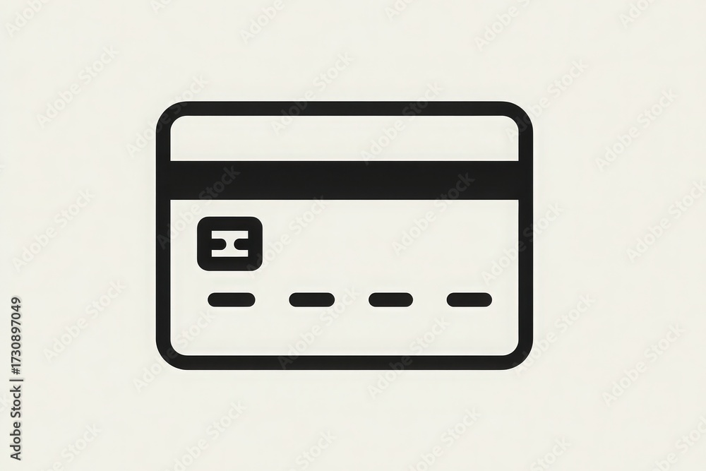 A simple payment card design with bold lines against a light background. The card features a chip and several dash lines, suggesting areas for details.