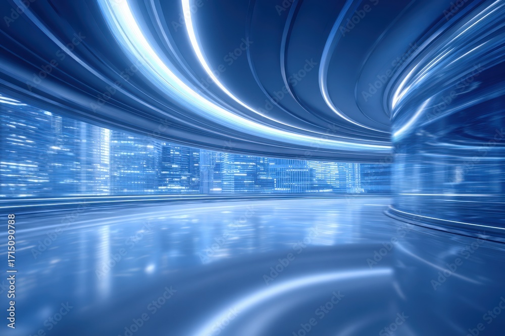 A sleek, modern city scene showcases curved lines and bright blue lights in an urban setting. The smooth surfaces reflect the vibrant glow, creating a dynamic and futuristic atmosphere.