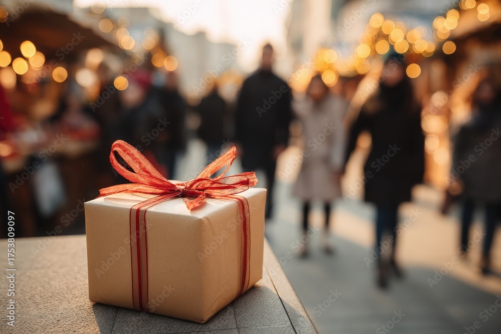 A small, beautifully wrapped gift box with a red ribbon sits on a table.
