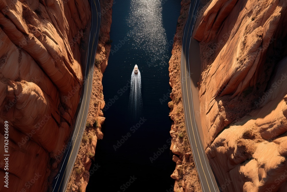 A small boat glides smoothly across a deep, dark river flanked by high red rock cliffs. The sun reflects off the water, creating a shimmering effect, while the road snakes along the canyons edge.
