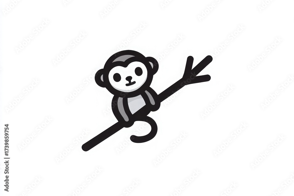 A small cartoon monkey is perched on a branch, looking cheerful with a friendly expression. Its playful demeanor adds a lighthearted touch to the scene.