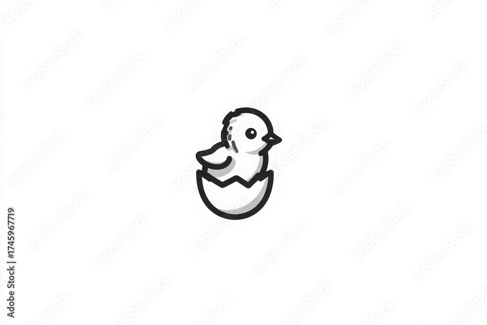A small chick is emerging from a cracked eggshell. The design features a minimalistic style with clear lines, showcasing the joy of new life. The bright colors appeal to young audiences.