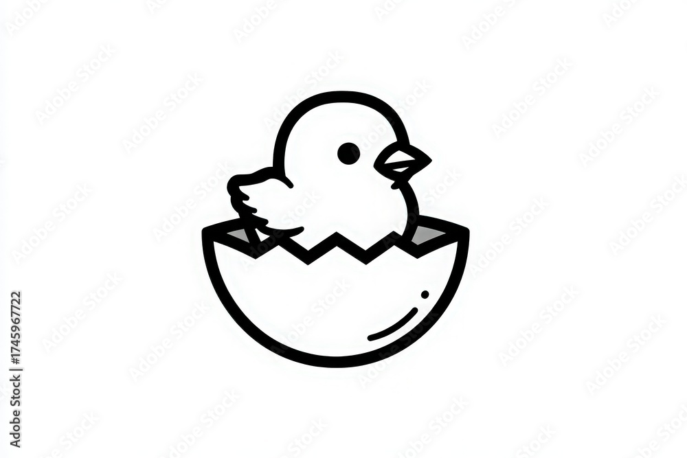 A small chick with round features is emerging from a cracked eggshell. The change signifies growth and the start of a new journey. The simple design captures the essence of life and renewal.
