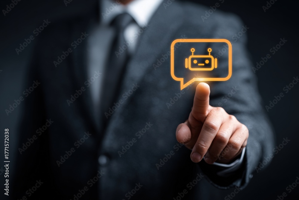 A smartly dressed individual touches a glowing chat bubble with a robot icon. The background is dark, emphasizing the futuristic technology theme.