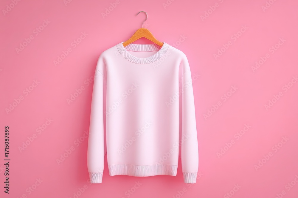 A soft pink sweater is displayed on a simple wooden hanger, set against a pastel pink wall. The cozy fabric and color create a warm and inviting atmosphere, perfect for casual wear.