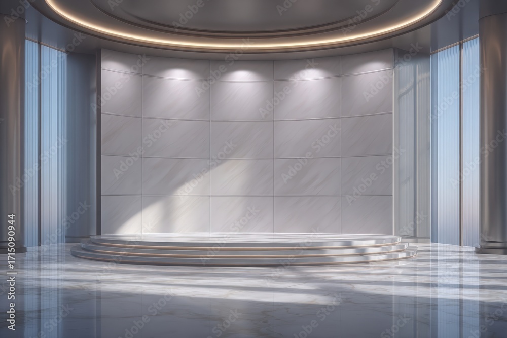 A spacious indoor venue features polished marble flooring and tall windows allowing natural light to fill the room. The simple yet elegant design creates a perfect atmosphere for events.