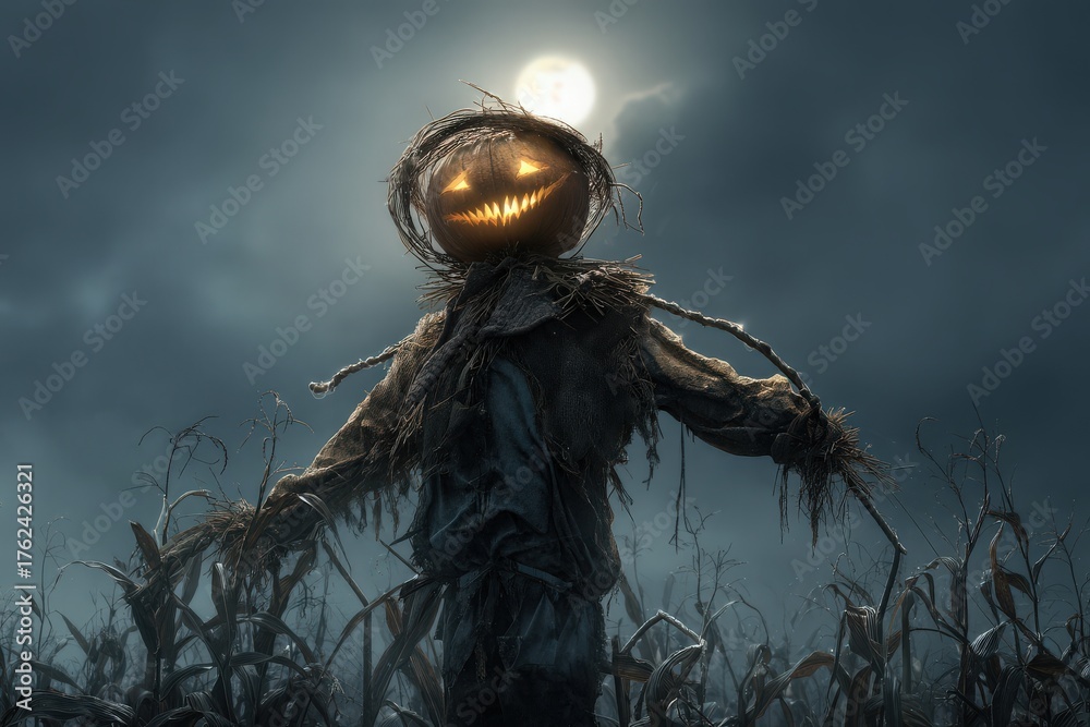 A spooky scarecrow stands amidst tall corn plants at night. The scarecrow has a glowing jack-o-lantern head and an eerie grin, illuminated by the bright full moon.