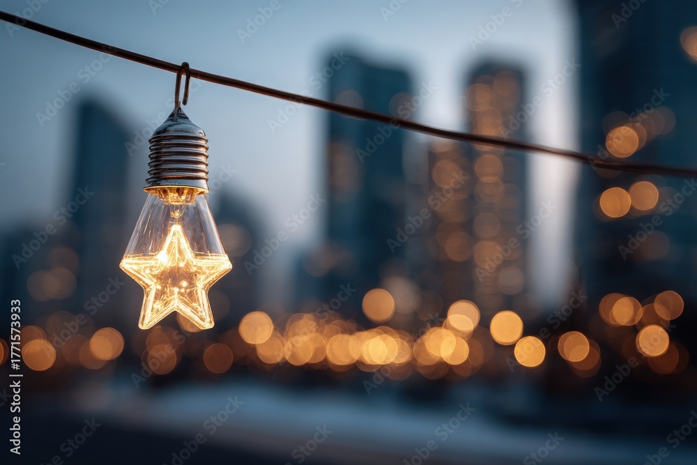 A star-shaped light bulb hangs from a wire in a city setting during twilight. The background features tall skyscrapers with soft, blurred lights, creating a warm and inviting atmosphere.