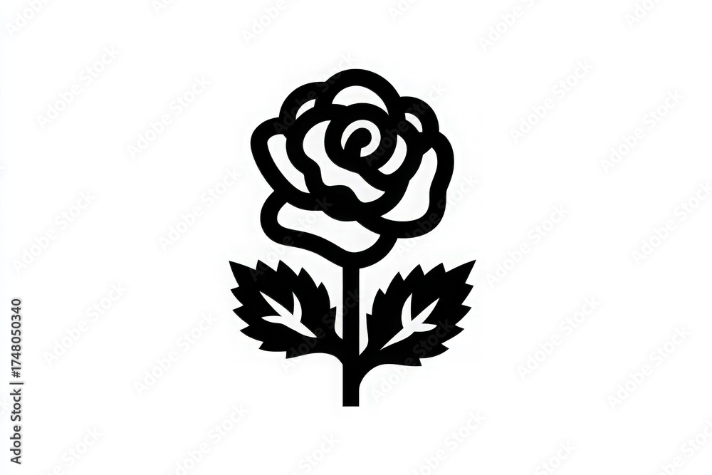 A striking black rose design stands out with smooth curves and detailed petals. The flower is complemented by elegant leaves, creating a strong visual impact. Ideal for various artistic uses.