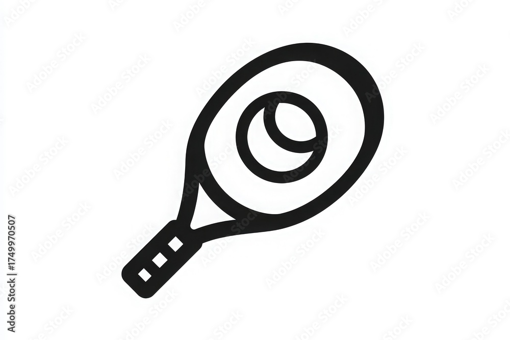 A striking design shows a racket with a circular shape at its center. The minimalistic black outline stands out against the white background, offering a contemporary look.