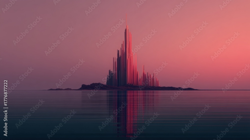 A striking modern skyscraper rises from an island, surrounded by tranquil waters. The scene is bathed in shades of pink and purple as the sun sets on the horizon.