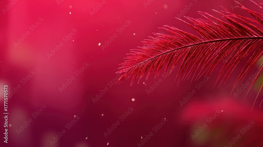 A striking red leaf stands out against a soft pink backdrop, creating a calming scene. Delicate particles float in the air, enhancing the tranquil atmosphere of the composition.